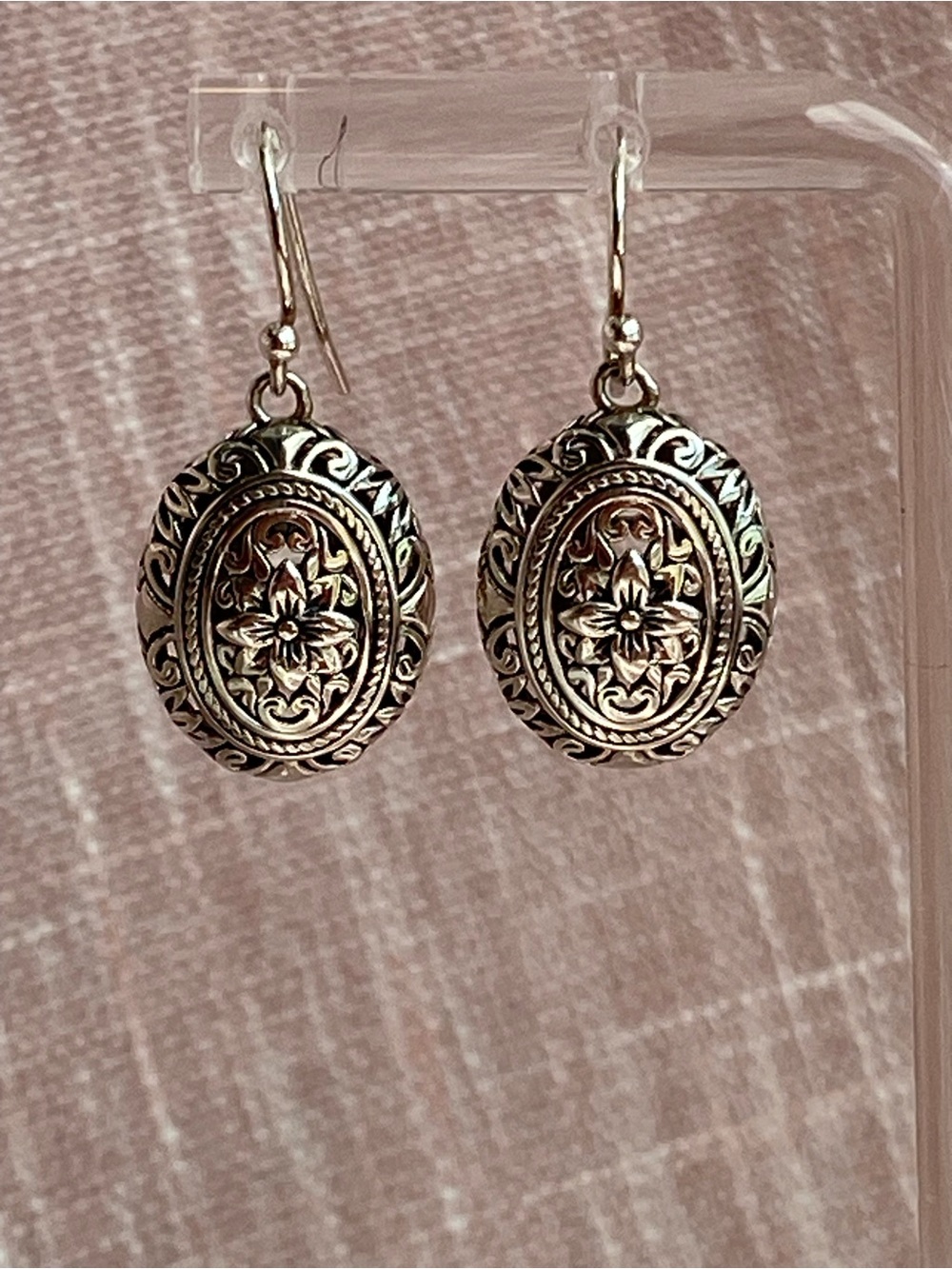 Heavy Sterling Silver Oval Filigree Drop Earrings